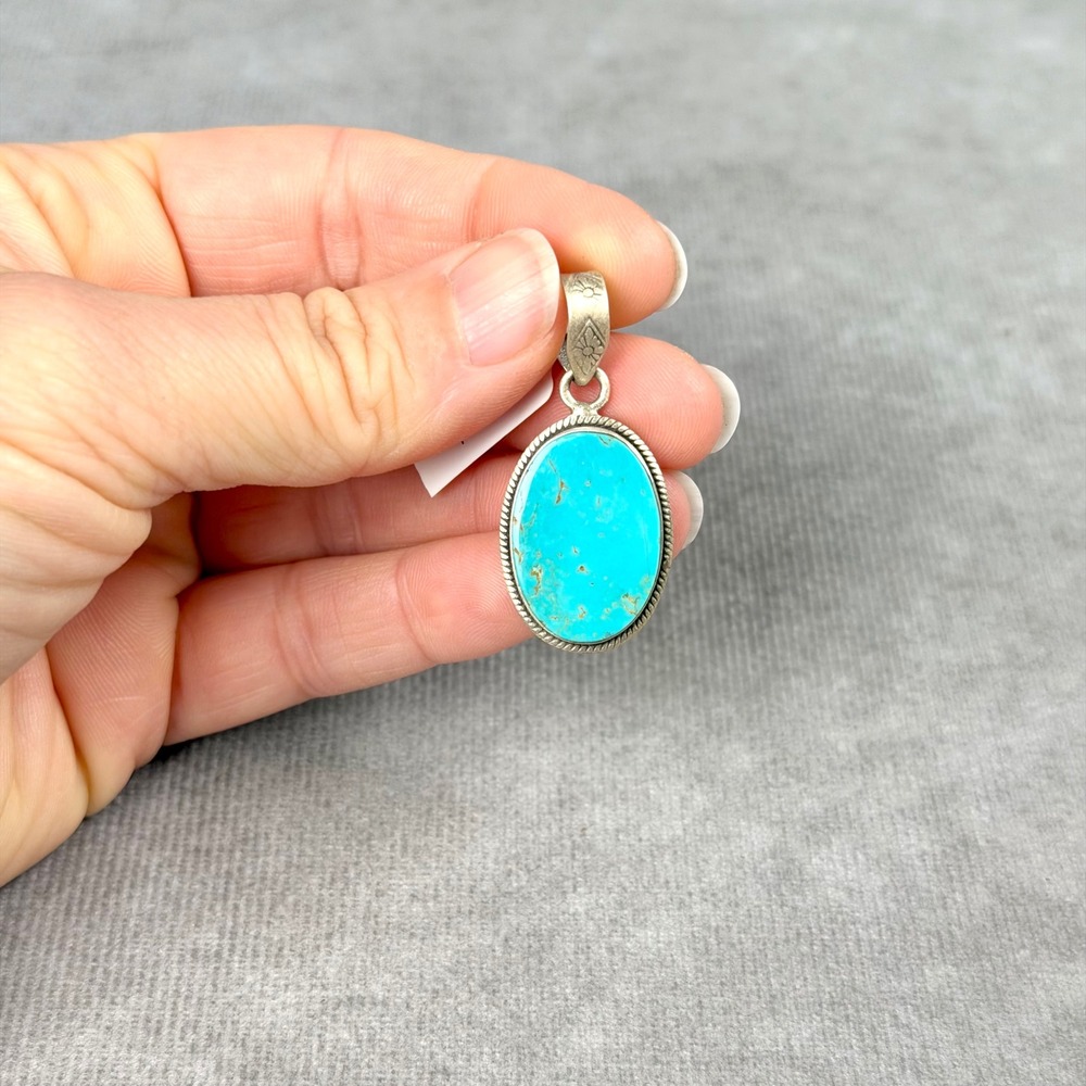 Royston Turquoise Sterling Silver Pendant Oval Southwestern Stamped Bail